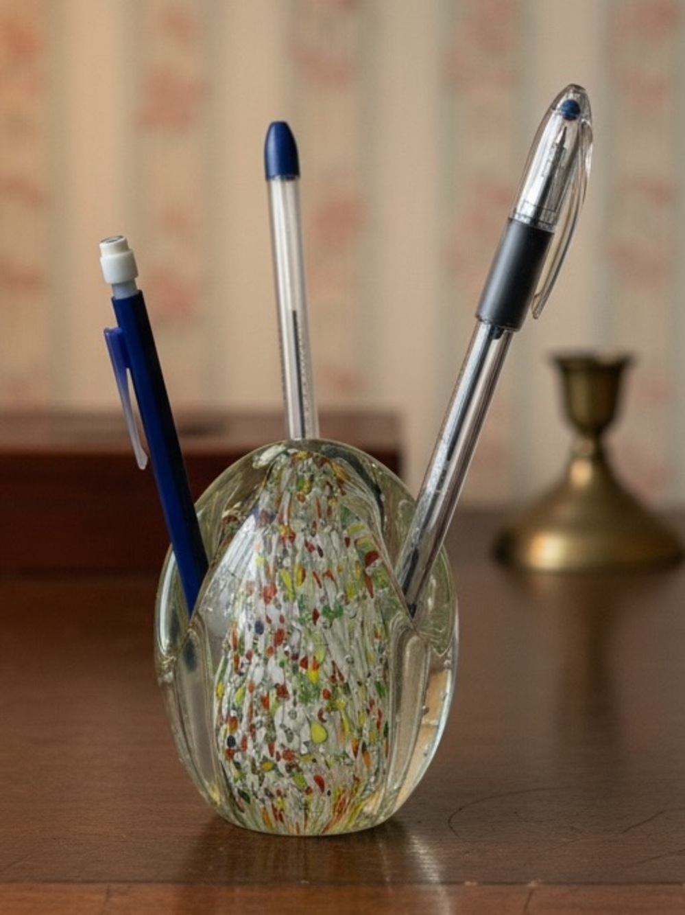 Vintage Murano Art Glass Pen Holder & Paperweight 
Confetti colors
Hand-Blown